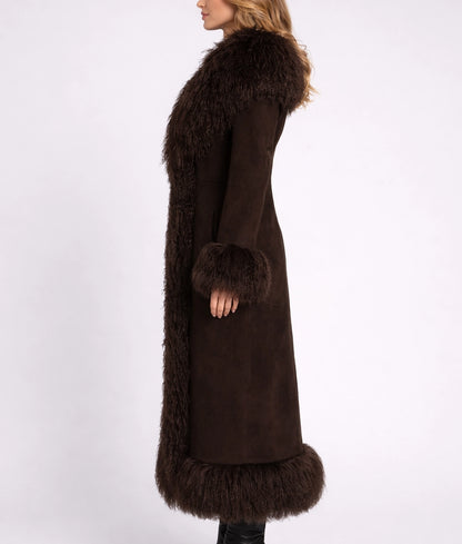 Roma Women's Dark Brown Suede Faux Fur Trim Coat