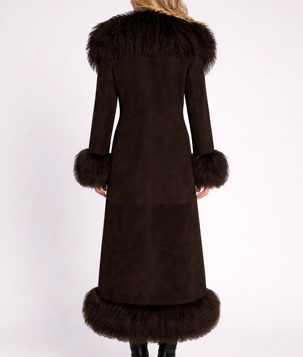 Roma Women's Dark Brown Suede Faux Fur Trim Coat