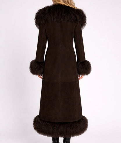Roma Women's Dark Brown Suede Faux Fur Trim Coat