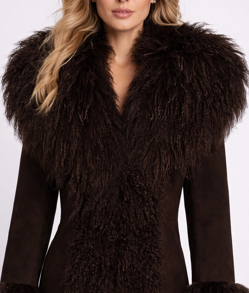 Roma Women's Dark Brown Suede Faux Fur Trim Coat