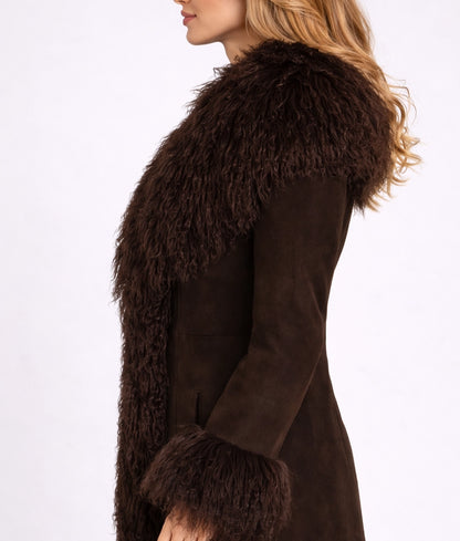 Roma Women's Dark Brown Suede Faux Fur Trim Coat