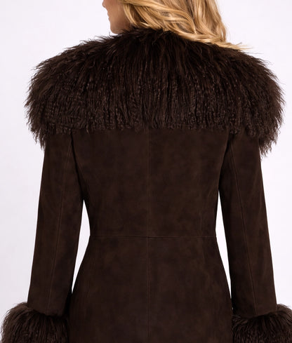 Roma Women's Dark Brown Suede Faux Fur Trim Coat