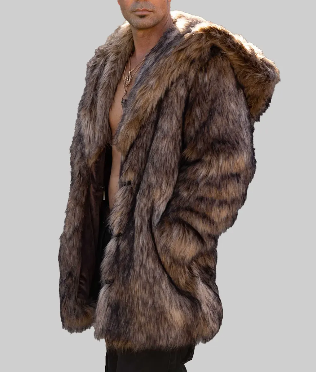 Scabby Men Brown Coyote hooded faux fur coat - Men Brown Coyote hooded faux fur coat-1