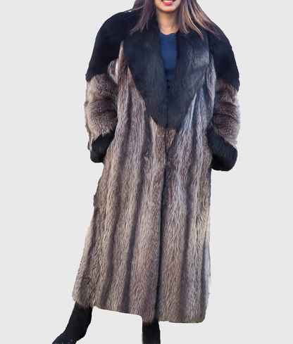 Seslie Women Brown Raccoon Fur Coat with Fox Trim