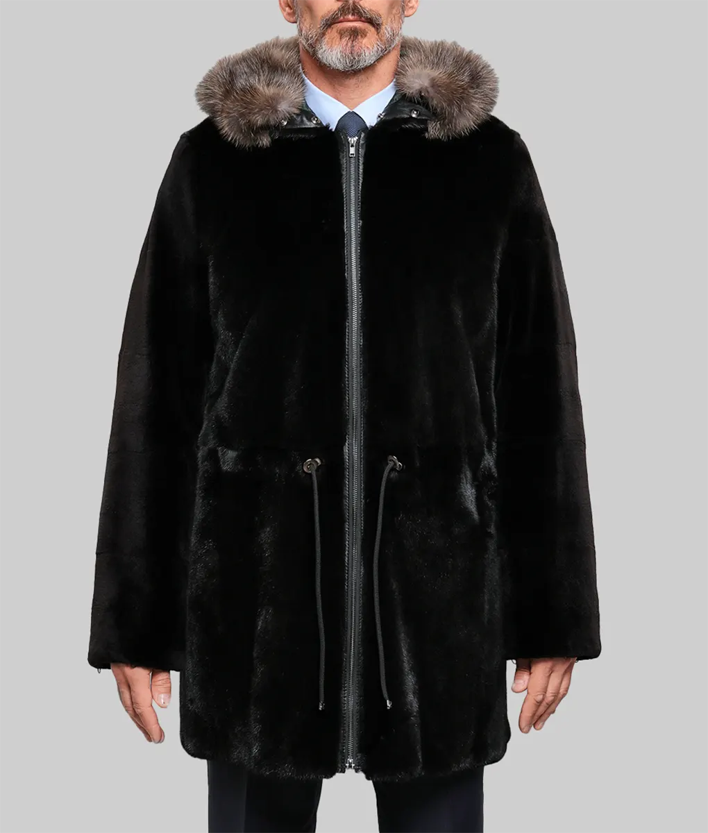 Shelby Men Black Mink Fur Coat With Russian Sable Stripe On Hood - Men Black Mink Fur Coat With Russian Sable Stripe On Hood-3