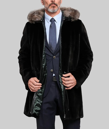 Shelby Men Black Mink Fur Coat With Russian Sable Stripe On Hood - Men Black Mink Fur Coat With Russian Sable Stripe On Hood-1