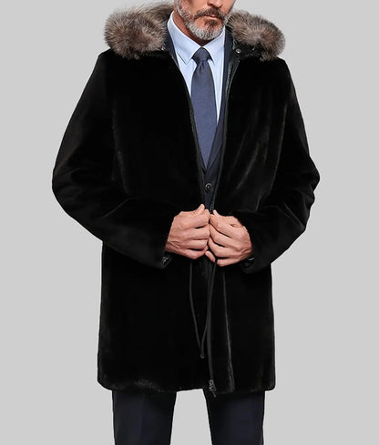 Shelby Men Black Mink Fur Coat With Russian Sable Stripe On Hood - Men Black Mink Fur Coat With Russian Sable Stripe On Hood-2