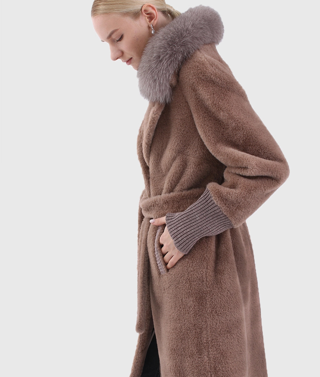 Sober Women Brown Long Shearling Fox Fur Collar Coat With Rope-3