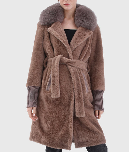 Sober Women Brown Long Shearling Fox Fur Collar Coat With Rope-5