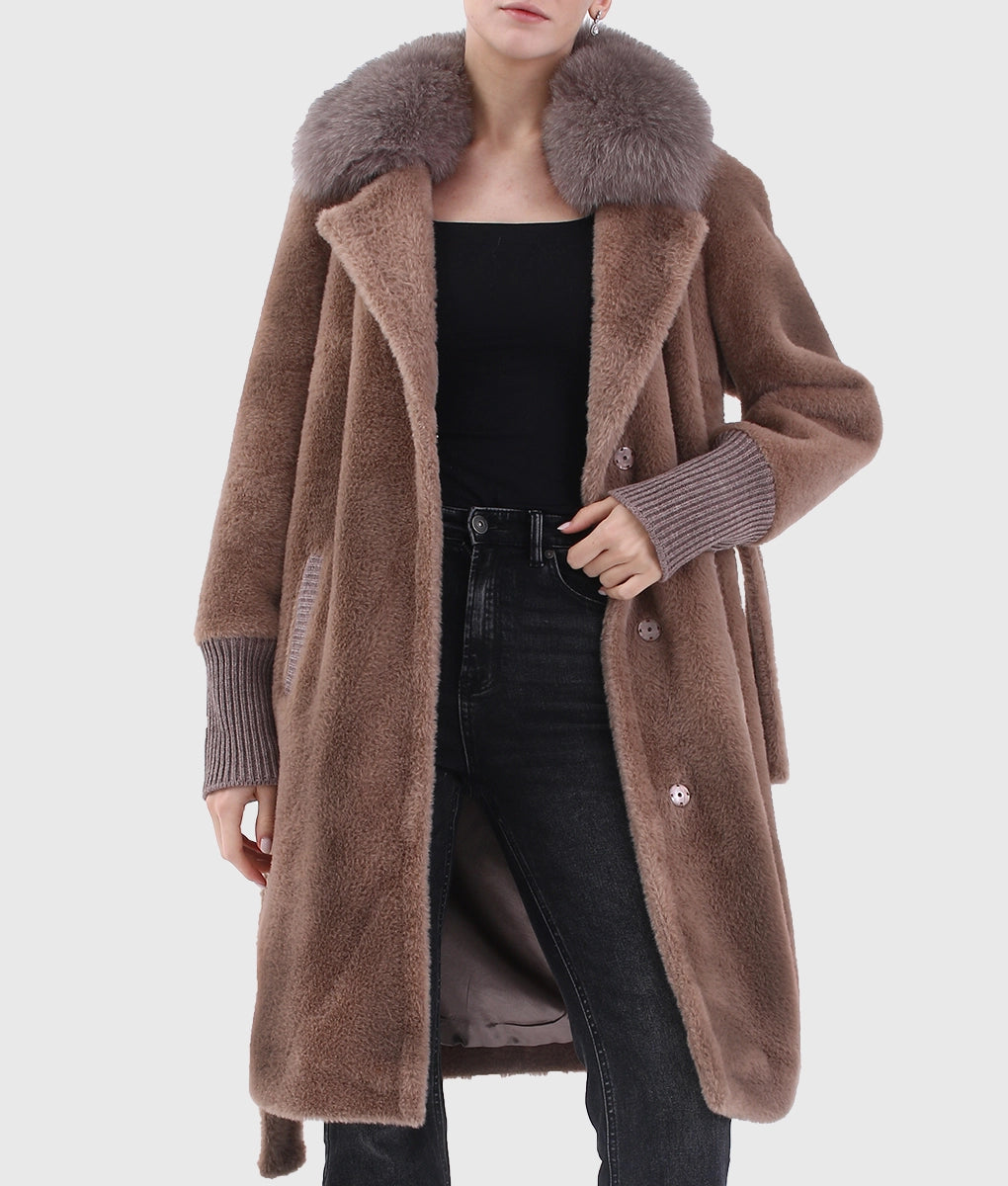 Sober Women Brown Long Shearling Fox Fur Collar Coat With Rope-1