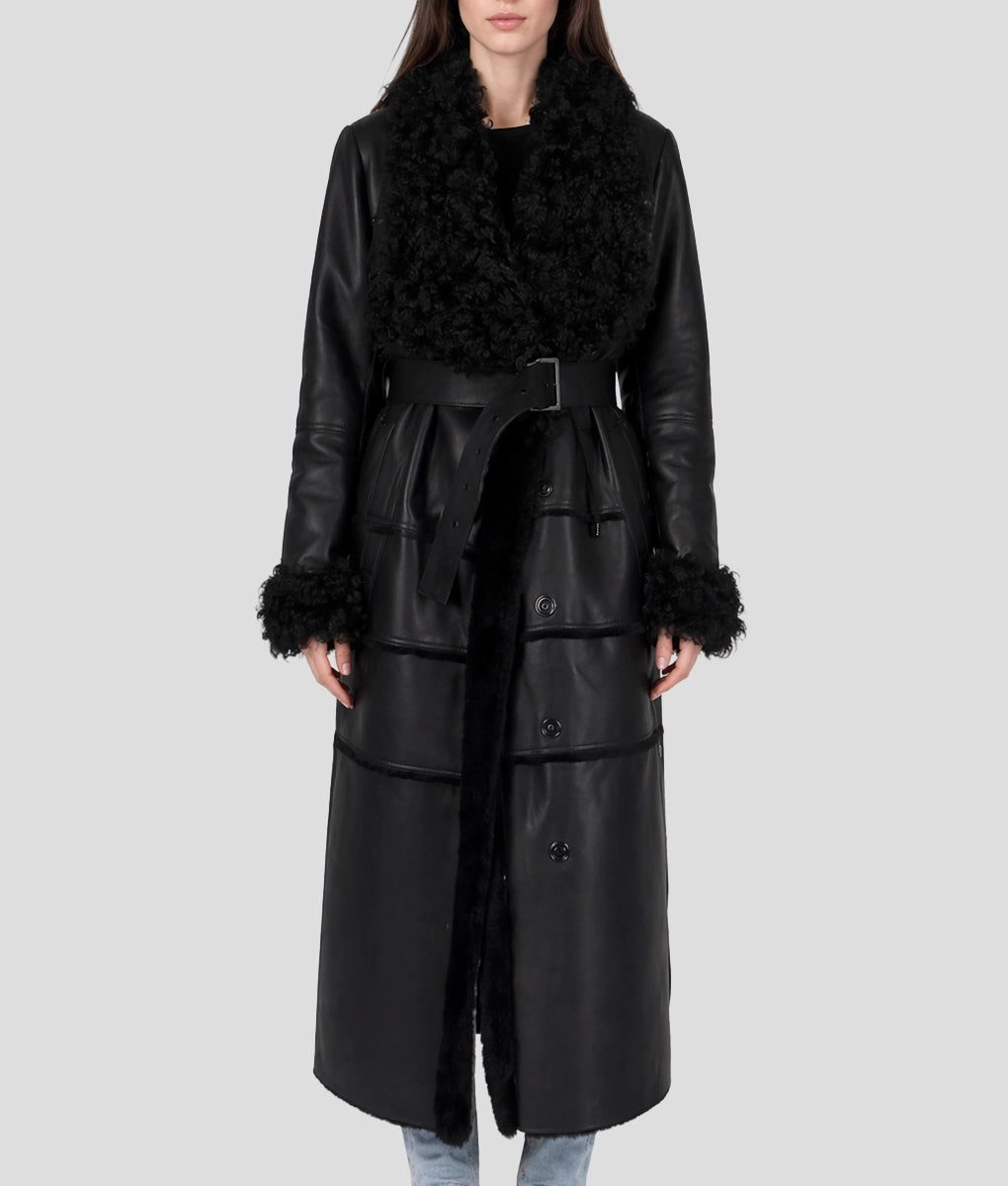 Sophia Women's Black Faux Fur Shearling Belted Leather Trench Coat | Women's Black Faux Fur Shearling Belted Leather Trench Coat-1