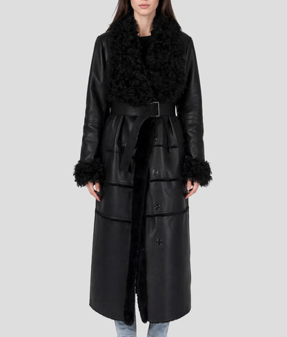 Sophia Women's Black Faux Fur Shearling Belted Leather Trench Coat | Women's Black Faux Fur Shearling Belted Leather Trench Coat-1