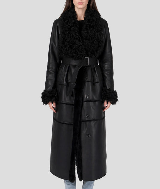 Sophia Women's Black Faux Fur Shearling Belted Leather Trench Coat | Women's Black Faux Fur Shearling Belted Leather Trench Coat-1