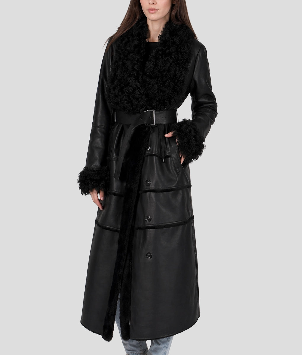 Sophia Women's Black Faux Fur Shearling Belted Leather Trench Coat | Women's Black Faux Fur Shearling Belted Leather Trench Coat-2