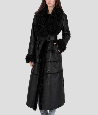 Sophia Women's Black Faux Fur Shearling Belted Leather Trench Coat | Women's Black Faux Fur Shearling Belted Leather Trench Coat-2