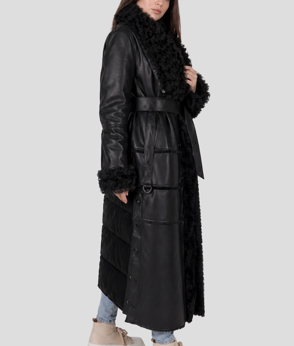 Sophia Women's Black Faux Fur Shearling Belted Leather Trench Coat | Women's Black Faux Fur Shearling Belted Leather Trench Coat-2
