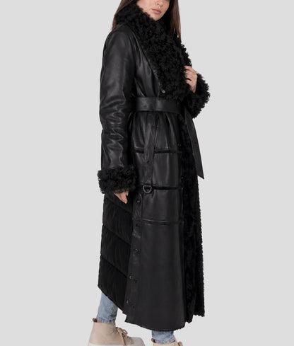 Sophia Women's Black Faux Fur Shearling Belted Leather Trench Coat | Women's Black Faux Fur Shearling Belted Leather Trench Coat-2
