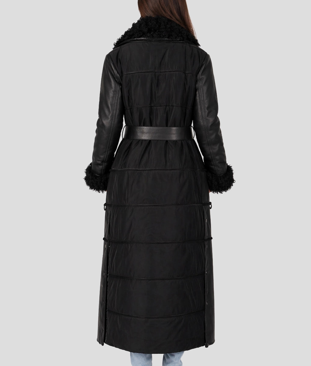 Sophia Women's Black Faux Fur Shearling Belted Leather Trench Coat | Women's Black Faux Fur Shearling Belted Leather Trench Coat-3