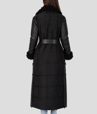 Sophia Women's Black Faux Fur Shearling Belted Leather Trench Coat | Women's Black Faux Fur Shearling Belted Leather Trench Coat-3