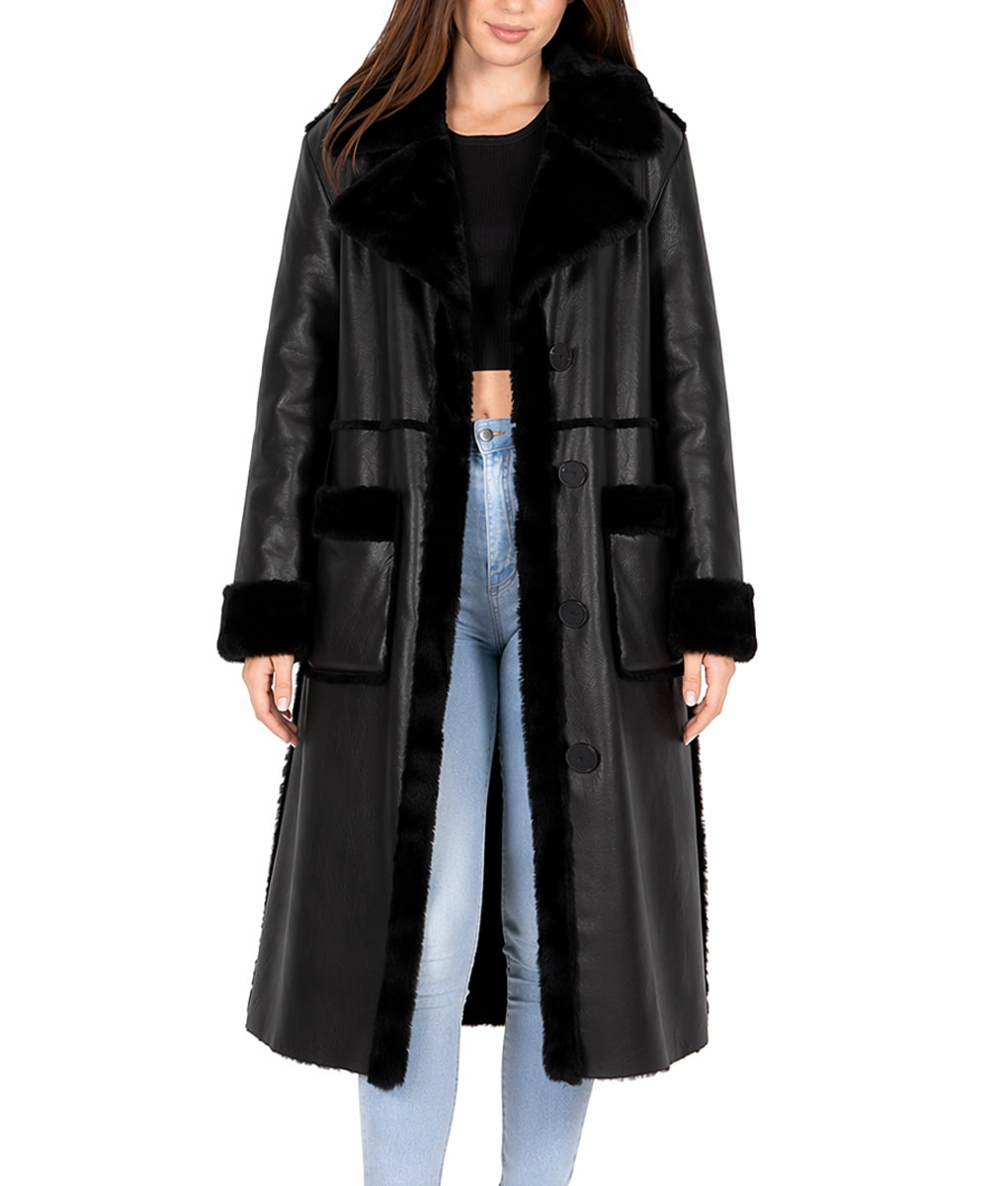 Sophia Women's Black Faux Fur Shearling Lining Leather Trench Coat | Women's Black Faux Fur Shearling Lining Leather Trench Coat-1