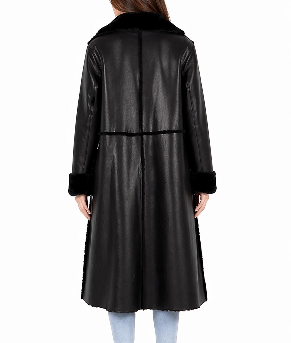 Sophia Women's Black Faux Fur Shearling Lining Leather Trench Coat | Women's Black Faux Fur Shearling Lining Leather Trench Coat-2