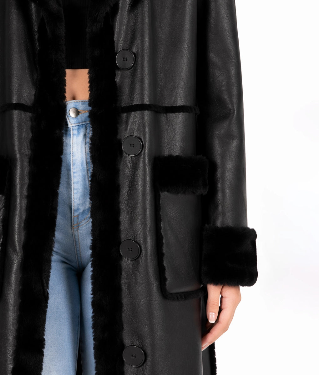 Sophia Women's Black Faux Fur Shearling Lining Leather Trench Coat | Women's Black Faux Fur Shearling Lining Leather Trench Coat-3