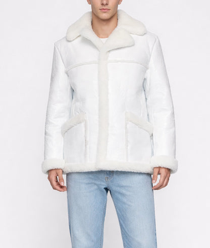 Tims Men's White Leather Bomber Faux Fur Shearling Trim Jacket | Men's White Leather Bomber Faux Fur Shearling Trim Jacket-1