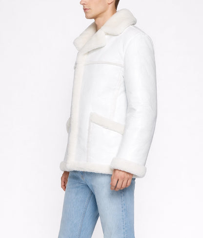 Tims Men's White Leather Bomber Faux Fur Shearling Trim Jacket | Men's White Leather Bomber Faux Fur Shearling Trim Jacket-2