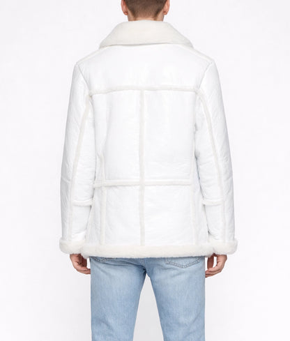 Tims Men's White Leather Bomber Faux Fur Shearling Trim Jacket | Men's White Leather Bomber Faux Fur Shearling Trim Jacket-3