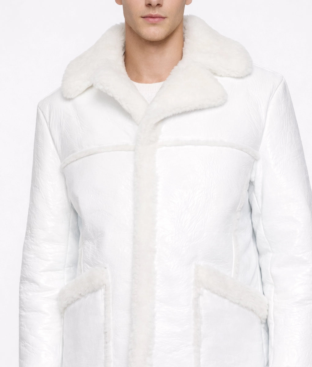 Tims Men's White Leather Bomber Faux Fur Shearling Trim Jacket | Men's White Leather Bomber Faux Fur Shearling Trim Jacket-4