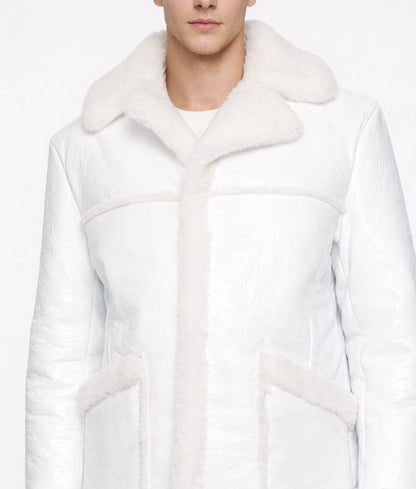Tims Men's White Leather Bomber Faux Fur Shearling Trim Jacket | Men's White Leather Bomber Faux Fur Shearling Trim Jacket-4