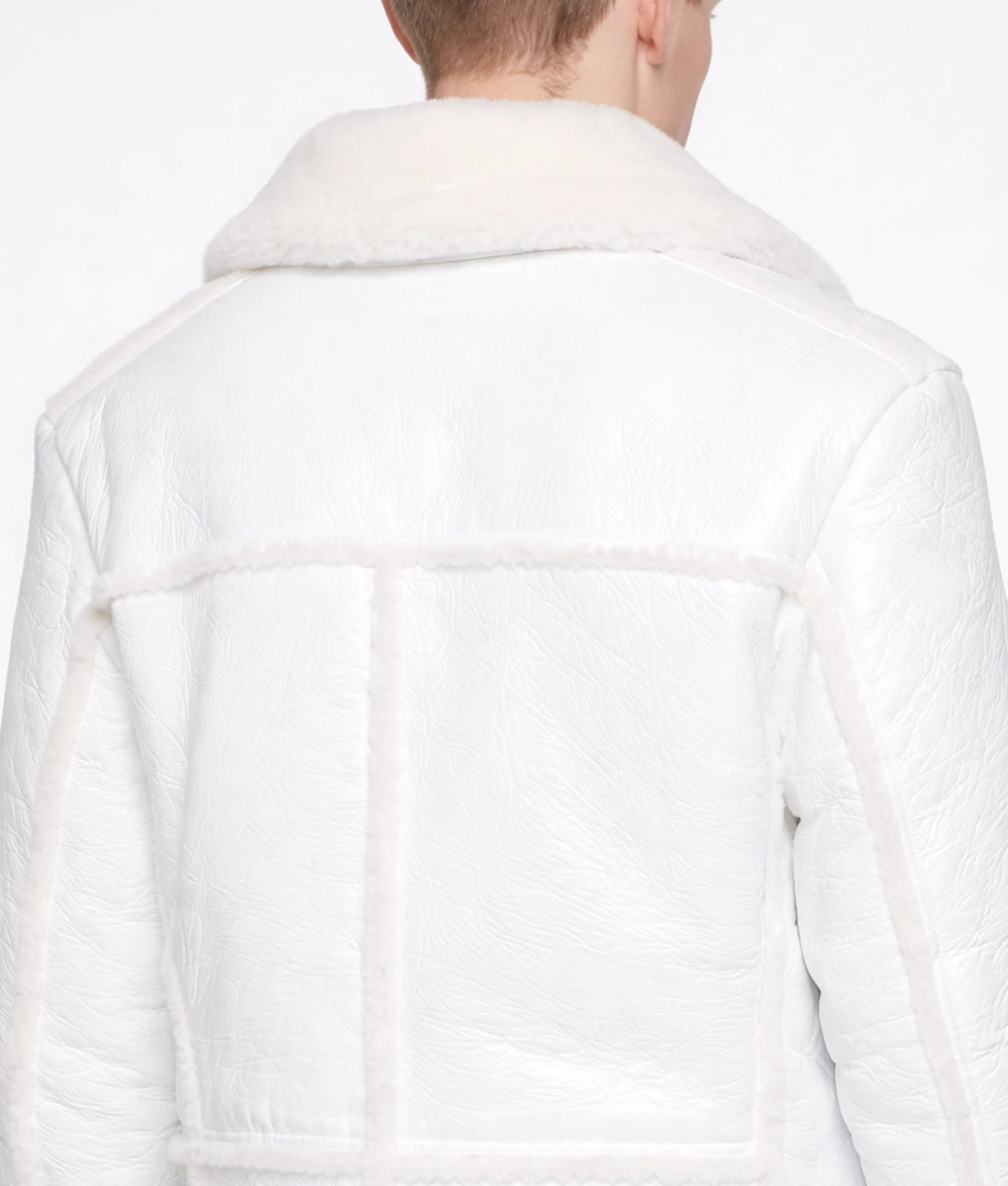 Tims Men's White Leather Bomber Faux Fur Shearling Trim Jacket | Men's White Leather Bomber Faux Fur Shearling Trim Jacket-5