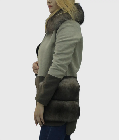 Ulsa Women Brown Lamb Fur Coat Trim With Fox Fur Colar-3