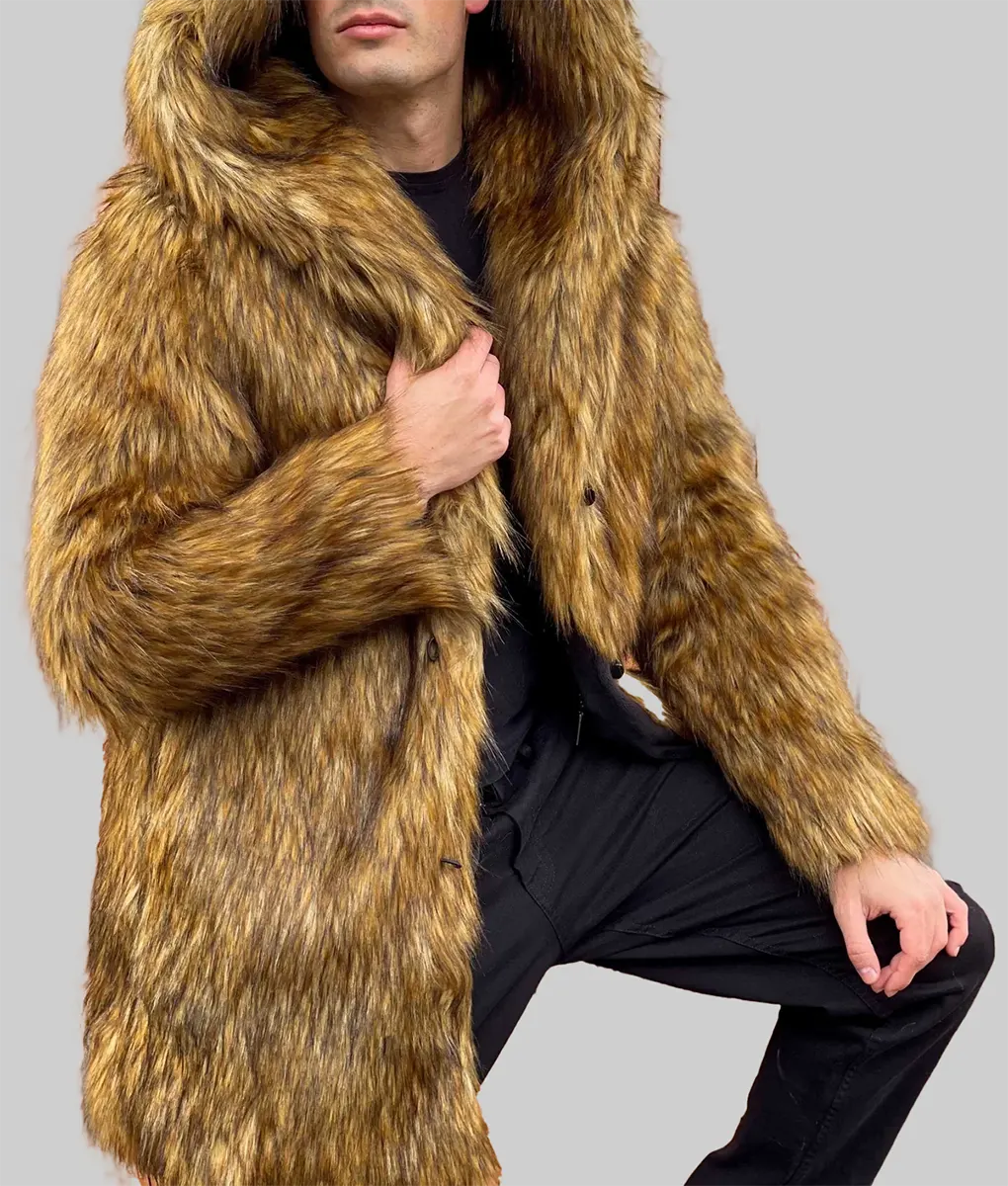 Warrior Men Brown Fox hooded faux fur coat - Men'S Brown Fox hooded faux fur coat-2